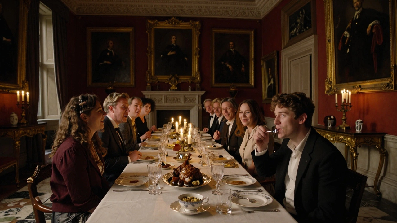 A dinner party freezes as a quiet guest licks a fork, candlelight reflecting off fine silverware.