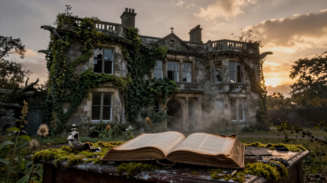 An overgrown mansion at twilight, ivy swallowing windows, a burned book smolders on a library table.